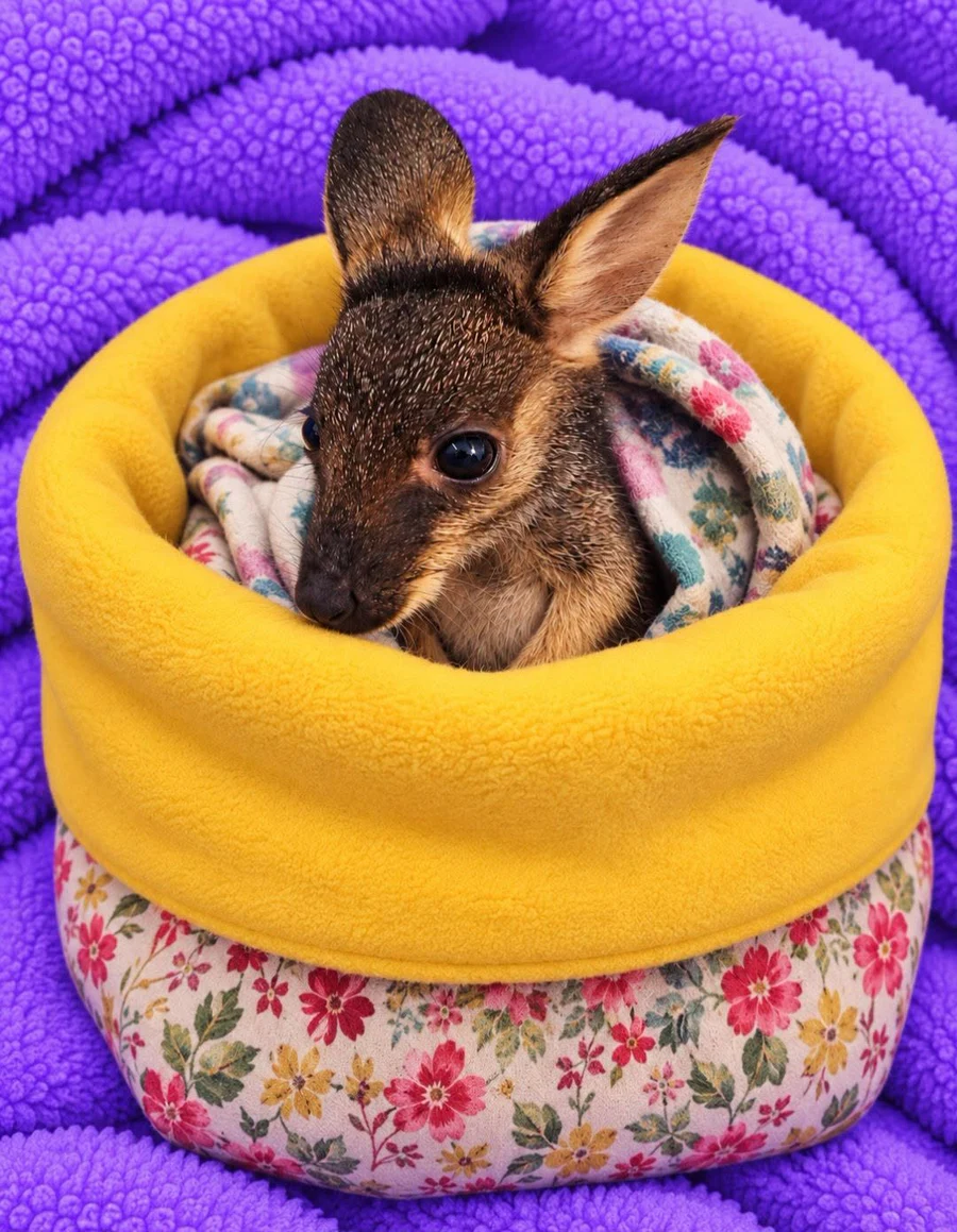 A young kangaroo resting in a handmade yellow nest