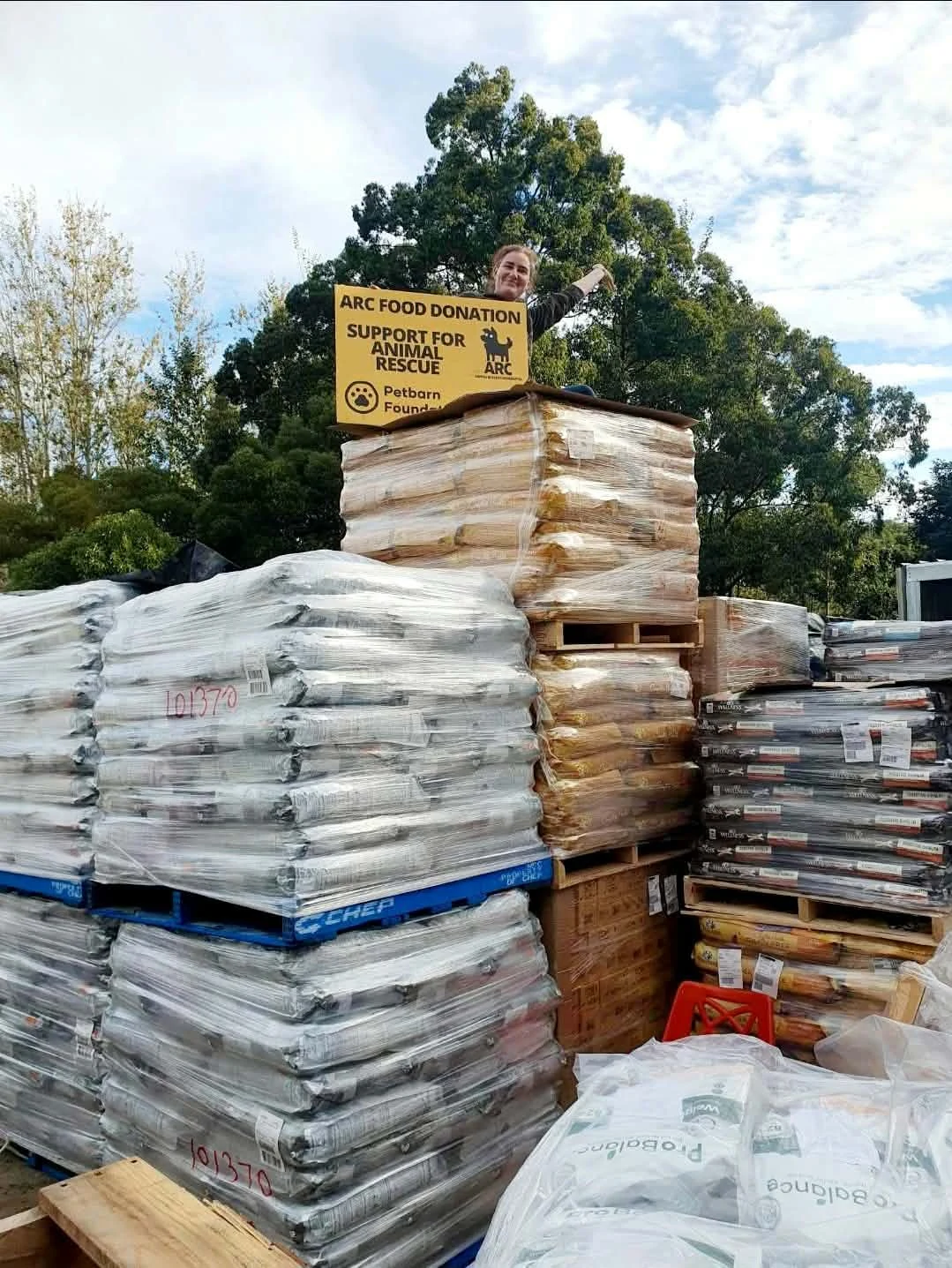 Stacked donated pet food at Kempsey