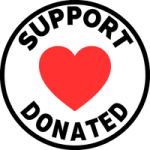 Donation badge — black seal with red heart and SUPPORT/DONATED text